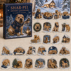 Shar-Pei advent calendar box and 24 illustrated acrylic charms displayed on an ivory tabletop in a winter setting
