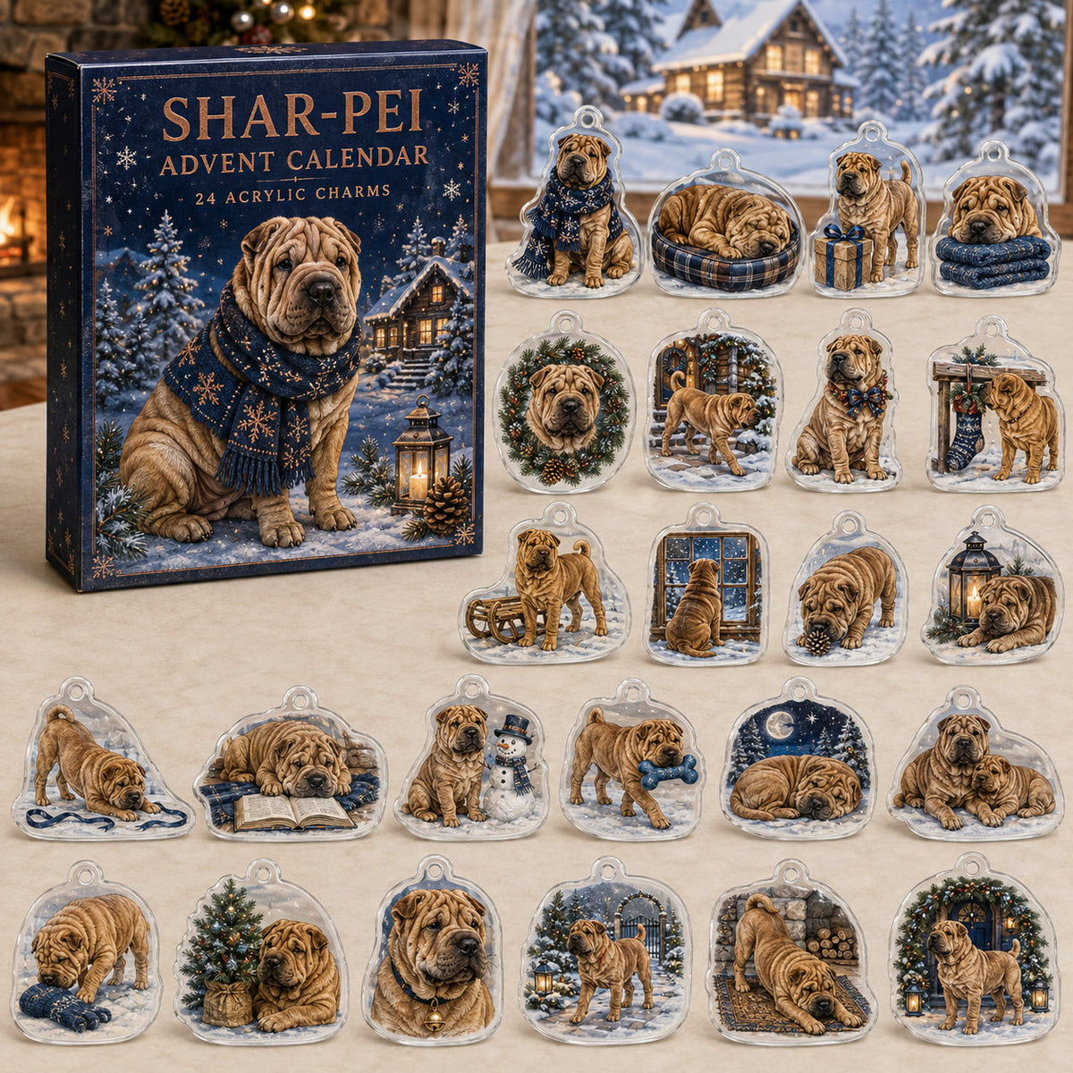 Shar-Pei advent calendar box and 24 illustrated acrylic charms displayed on an ivory tabletop in a winter setting