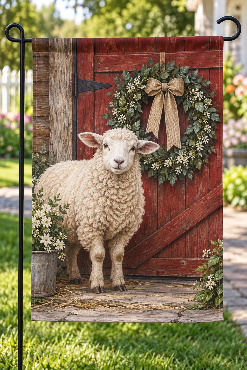 Sheep Holiday Farm Garden Flag with printed dimensional artwork