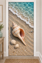 Shell Beach Tide Line Fabric Door Cover with printed spiral shell depth and foamy turquoise surf