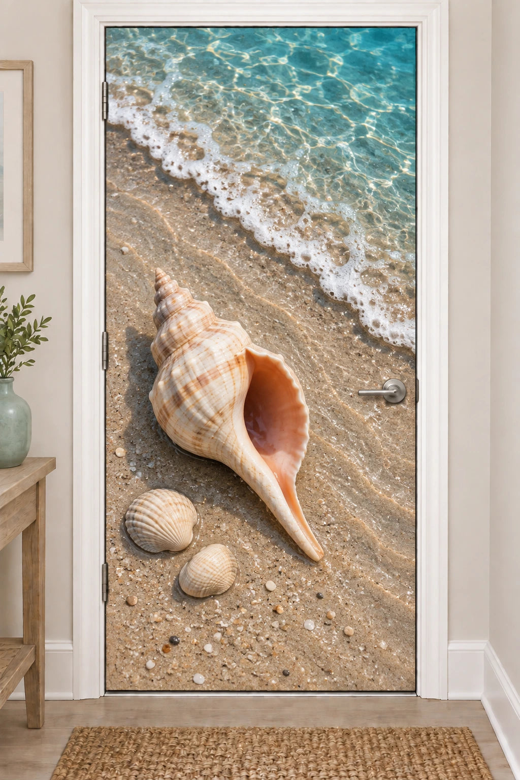 Shell Beach Tide Line Fabric Door Cover with printed spiral shell depth and foamy turquoise surf