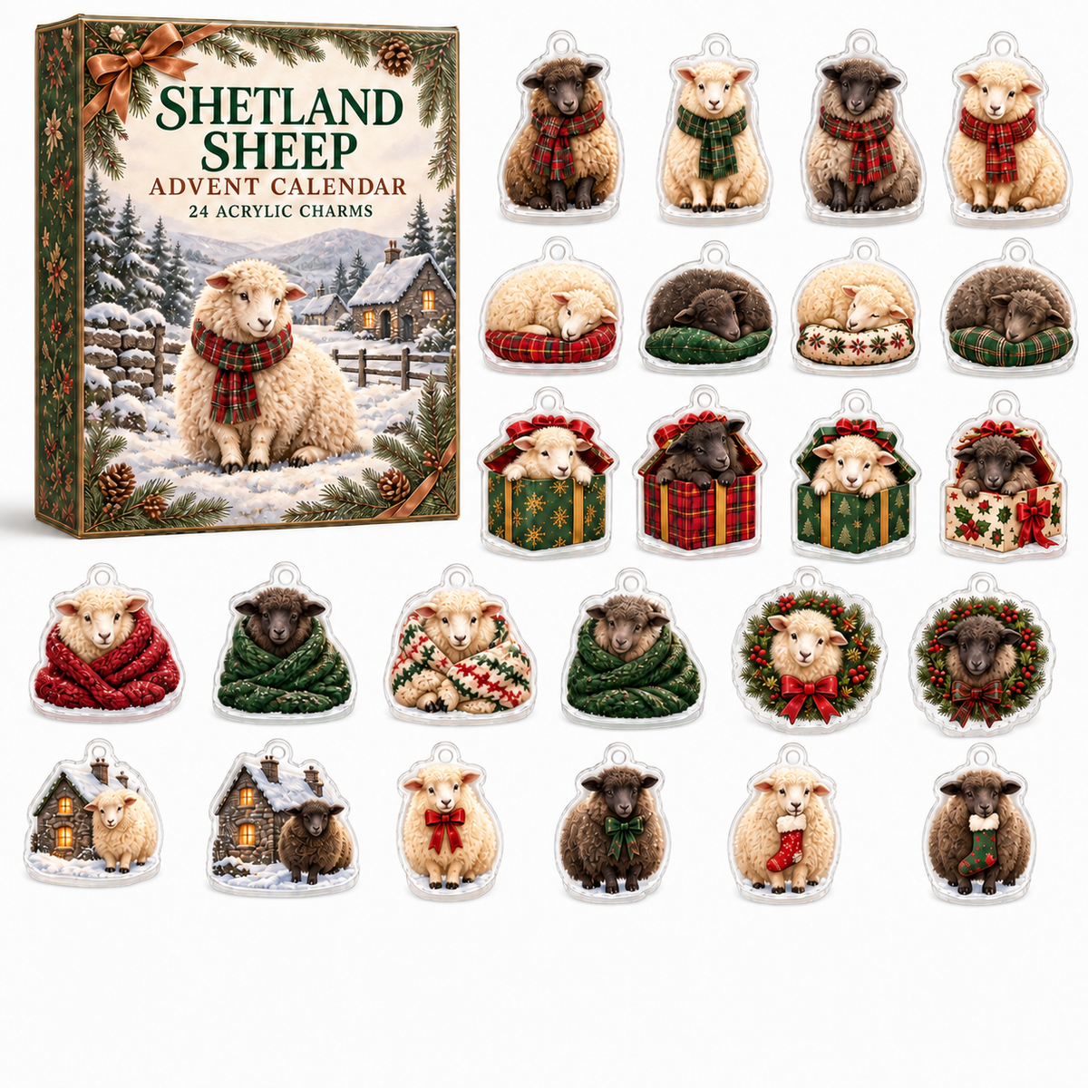 Shetland Sheep advent calendar box and full set of 24 illustrated acrylic charms on a light tabletop