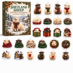 Shetland Sheep advent calendar box and full set of 24 illustrated acrylic charms on a light tabletop