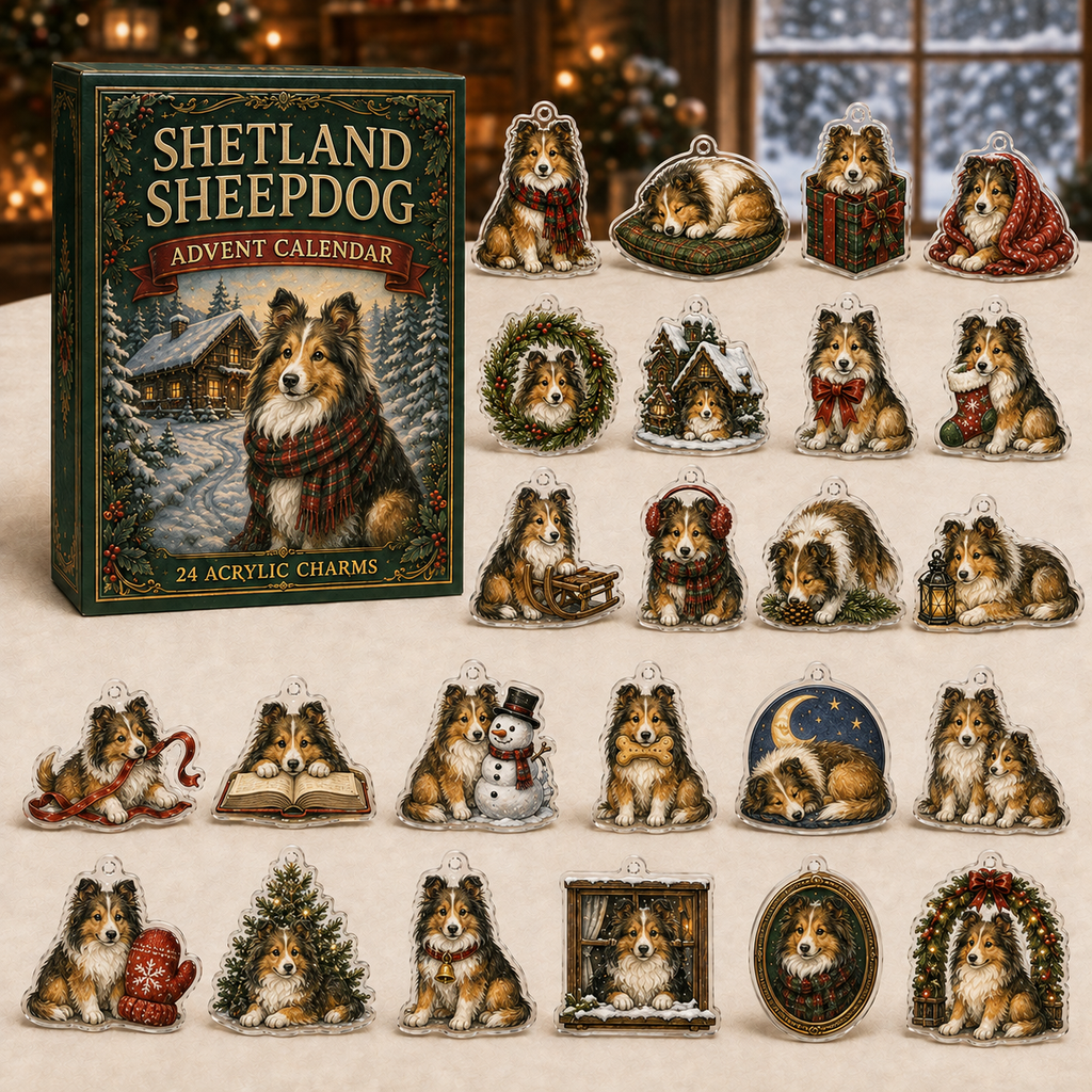Shetland Sheepdog advent calendar box and full set of 24 illustrated acrylic charms on a light tabletop