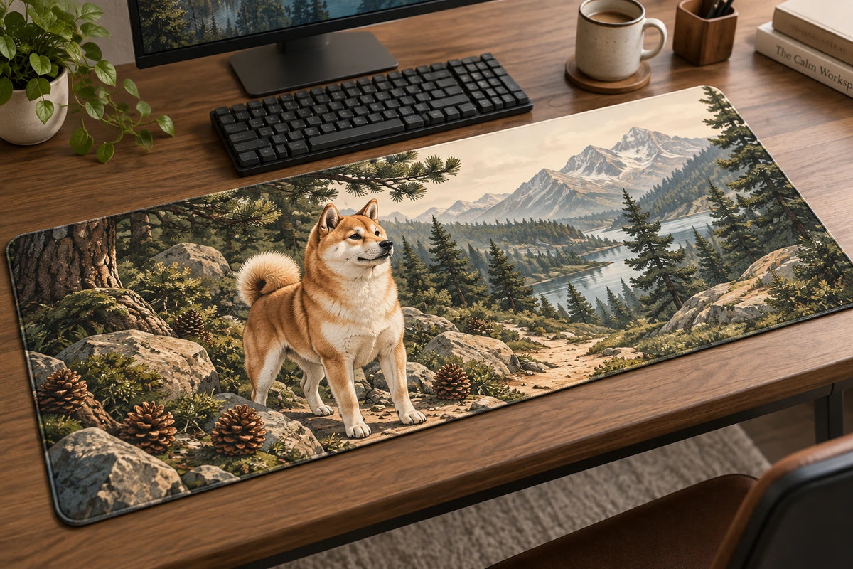 Shiba Inu Trail Companion Desk Mat with printed dimensional artwork