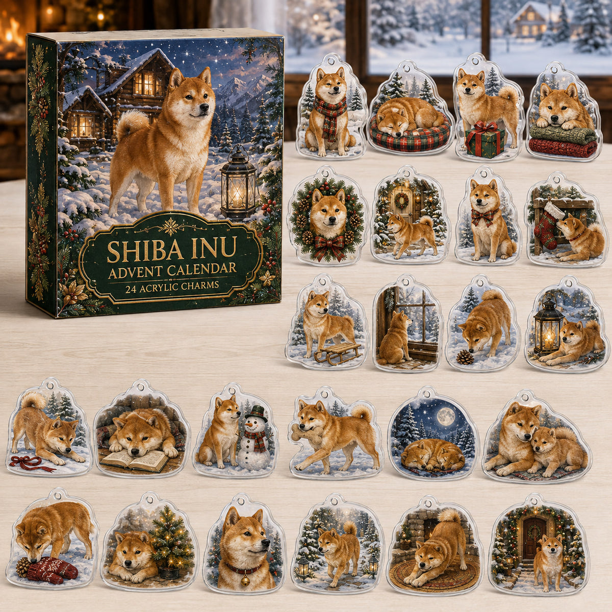 Shiba Inu advent calendar box and 24 illustrated acrylic charms displayed on an ivory tabletop in a winter setting