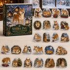 Shiba Inu advent calendar box and 24 illustrated acrylic charms displayed on an ivory tabletop in a winter setting