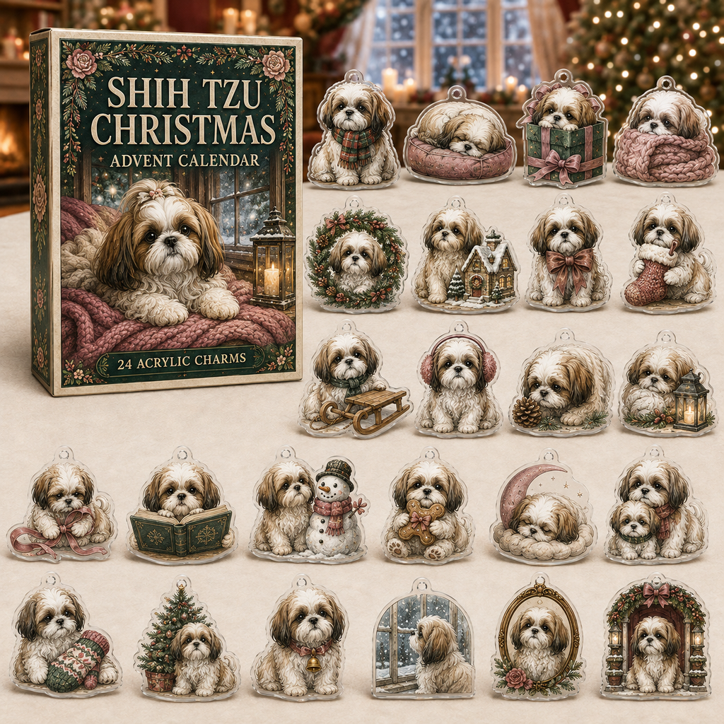 Shih Tzu Cozy Christmas advent calendar gift box with 24 illustrated acrylic charms arranged on a light tabletop
