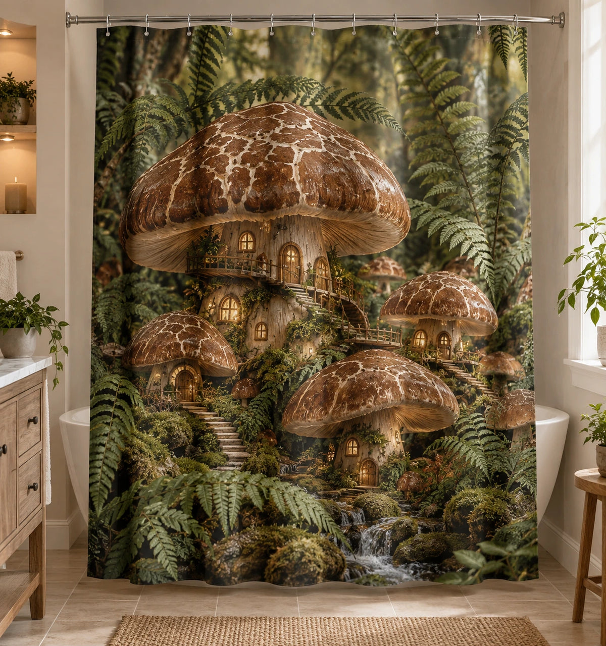 Shiitake Fern Village Shower Curtain with printed dimensional artwork