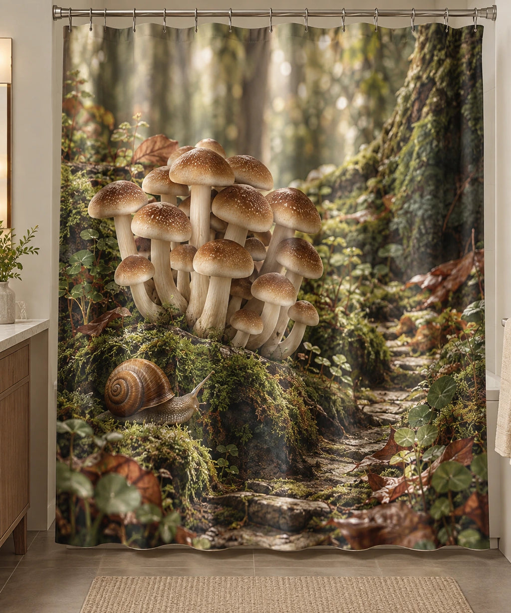 Shimeji Snail Companion Shower Curtain with printed dimensional artwork