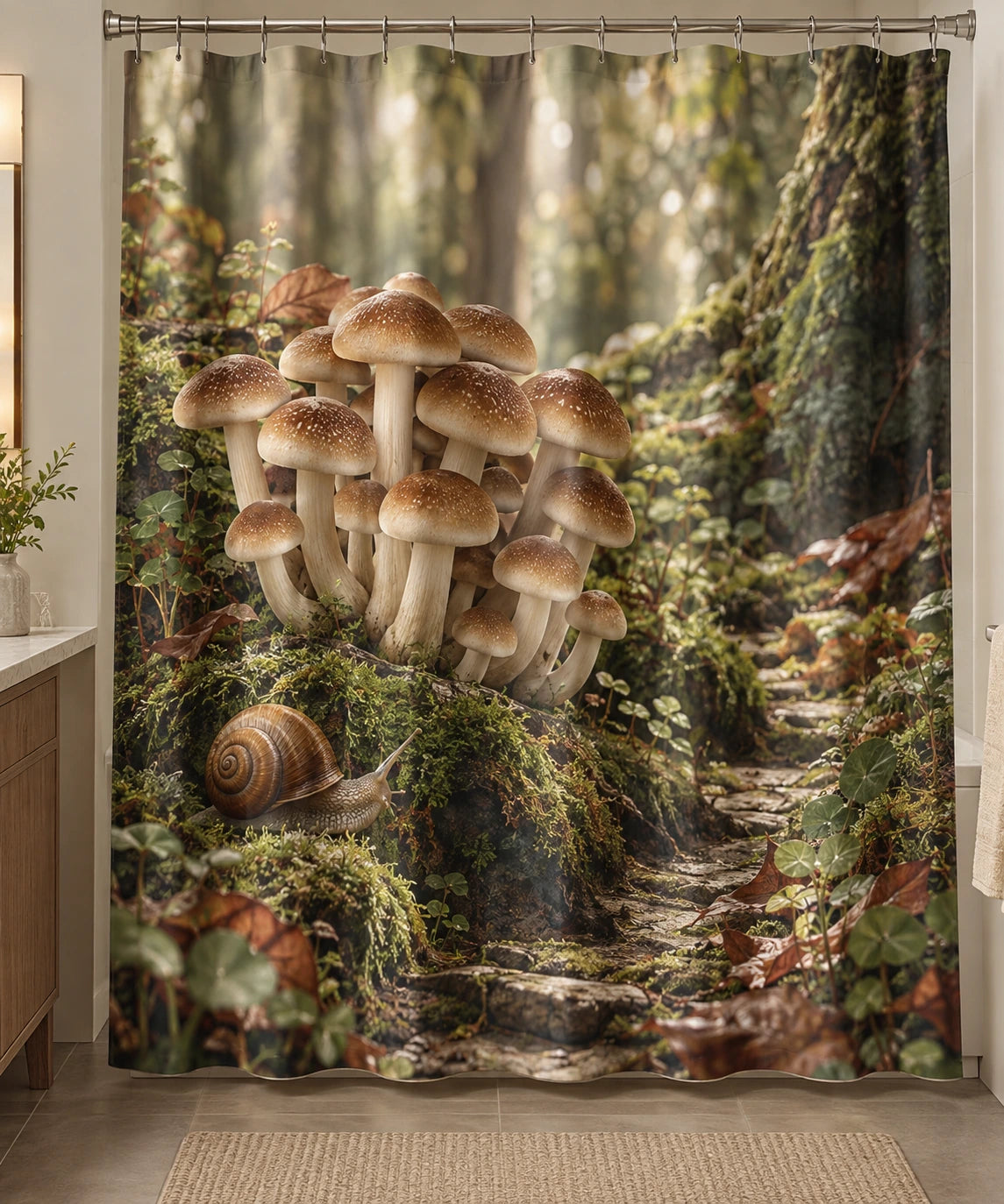 Shimeji Snail Companion Shower Curtain with printed dimensional artwork