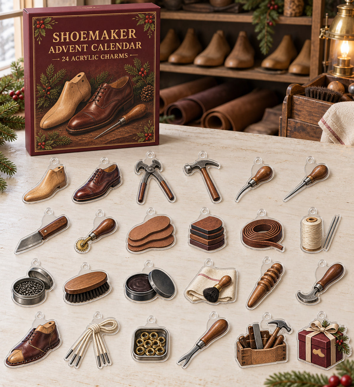 Shoemaker advent calendar with 24 custom-shaped flat acrylic charms and printed dimensional artwork