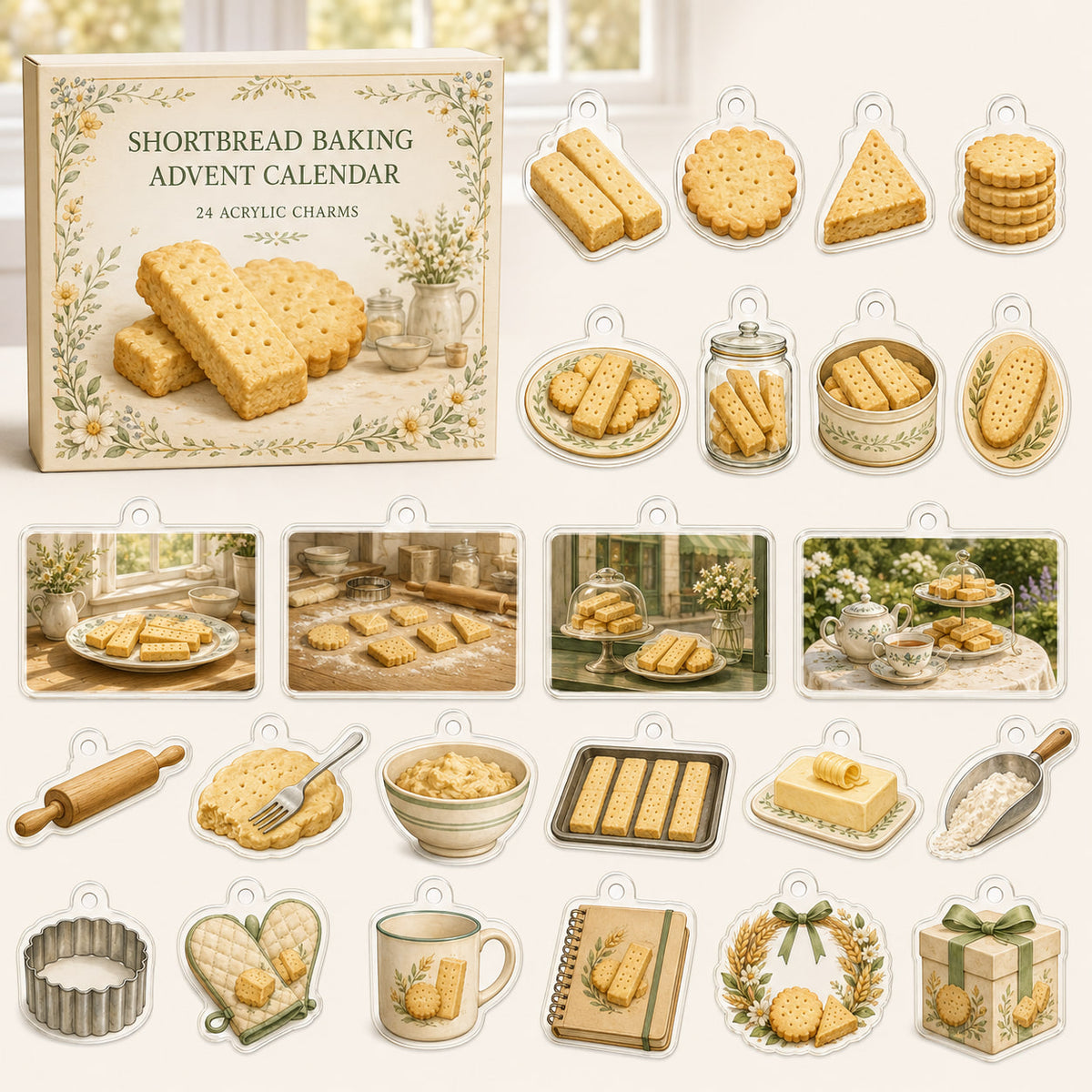 Shortbread Baking advent calendar box with24 printed acrylic baking-themed charms