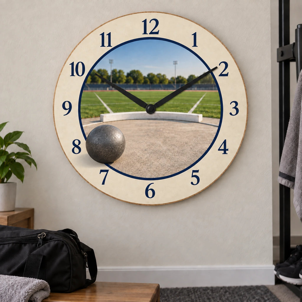 Shot Put Training Wooden Wall Clock with original printed optical 3D artwork