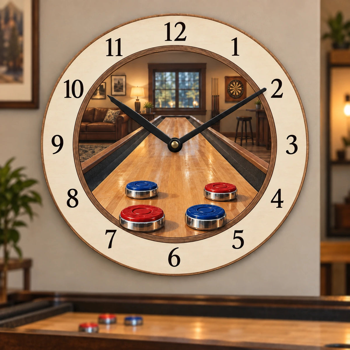 Shuffleboard Game Room Wooden Wall Clock with original printed optical 3D artwork