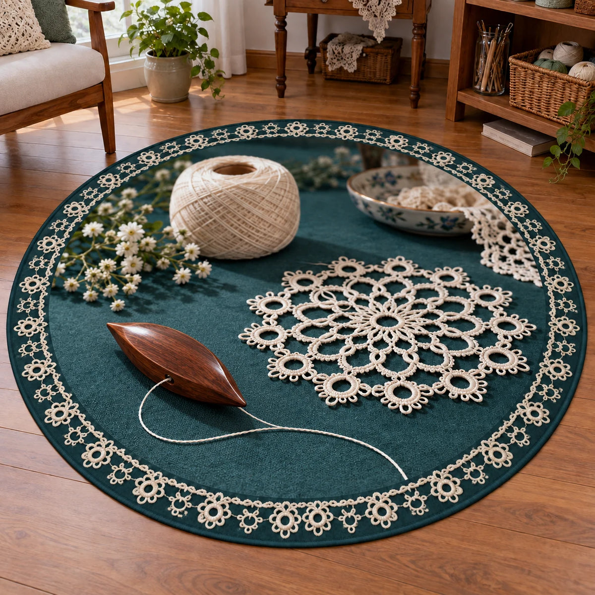 Shuttle Tatting Lace Studio Round Mat Rug with original printed 3D artwork