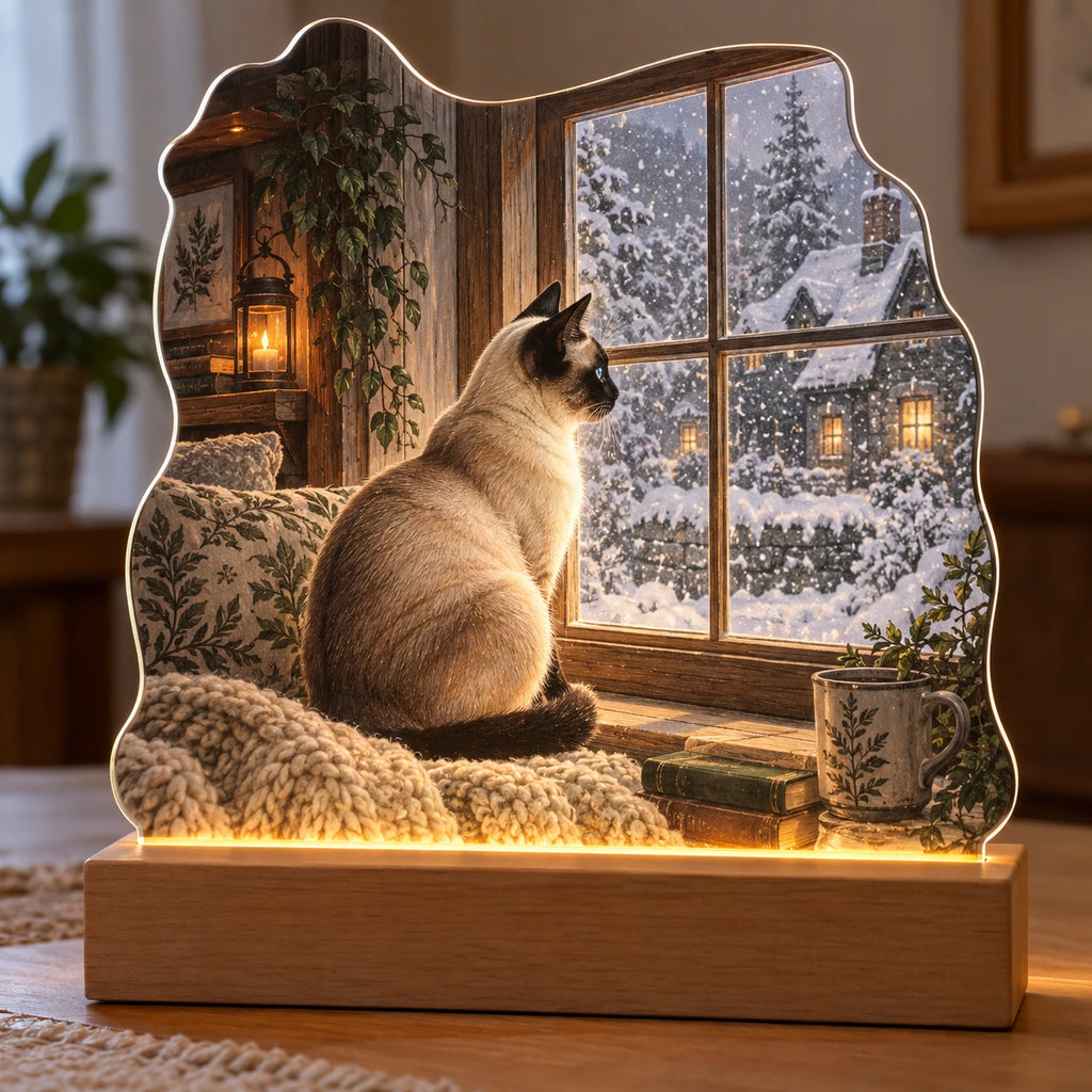 Siamese Cat Snow Globe View Acrylic Night Light with printed dimensional artwork