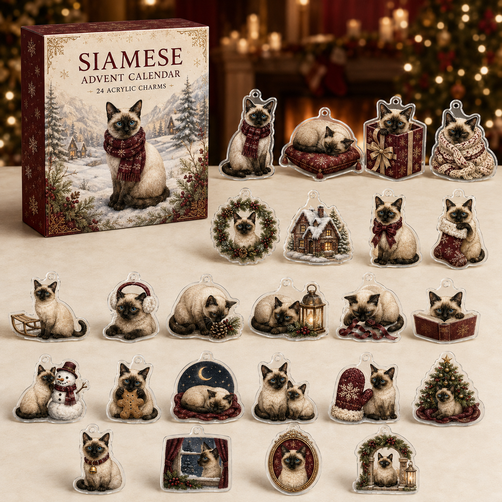 Siamese advent calendar box and full set of 24 illustrated acrylic charms on a light tabletop