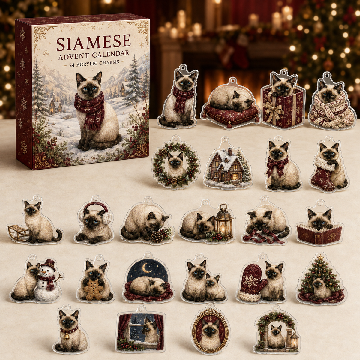 Siamese advent calendar box and full set of 24 illustrated acrylic charms on a light tabletop
