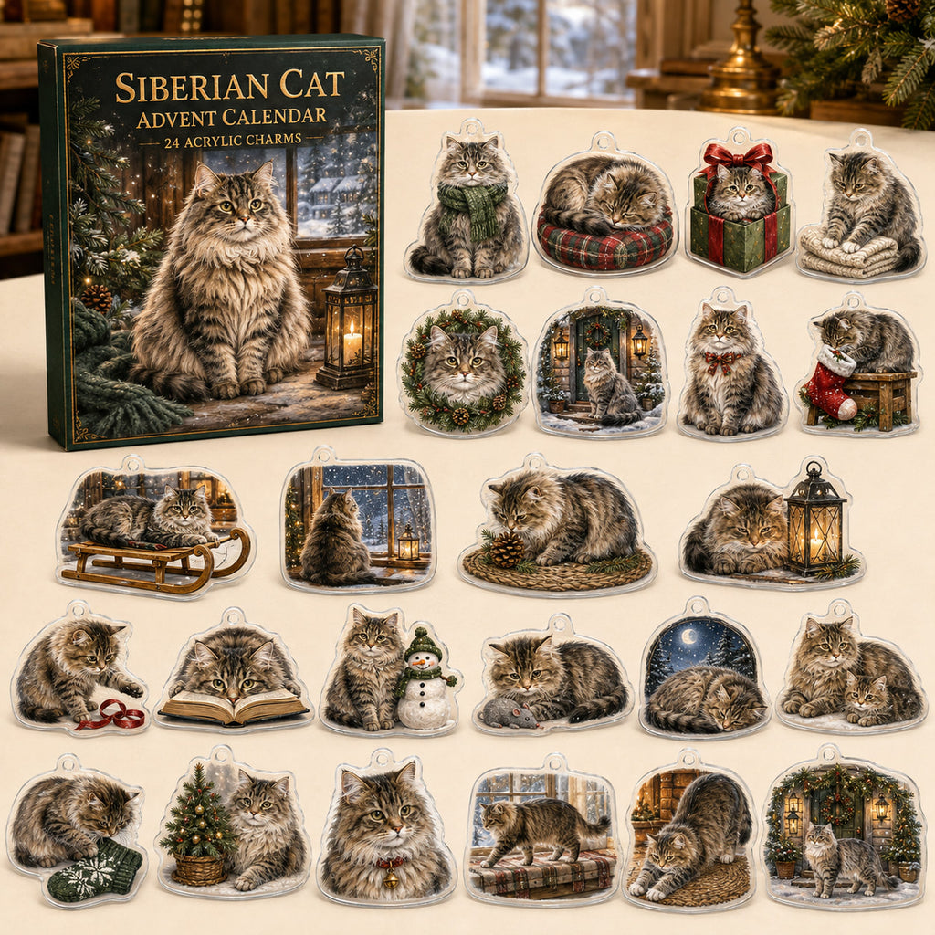 Siberian Cat advent calendar box and 24 illustrated acrylic charms displayed on an ivory tabletop in a winter setting