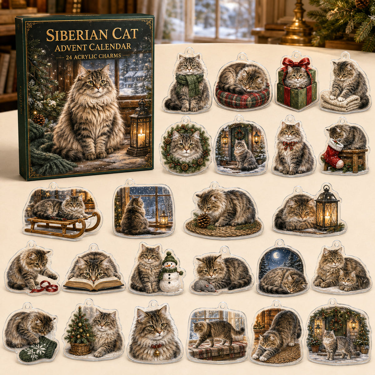 Siberian Cat advent calendar box and 24 illustrated acrylic charms displayed on an ivory tabletop in a winter setting