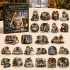 Siberian Cat advent calendar box and 24 illustrated acrylic charms displayed on an ivory tabletop in a winter setting