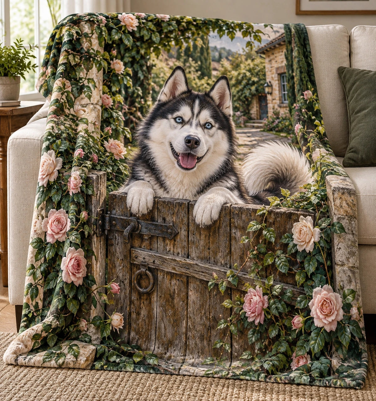 Siberian Husky Garden Gate Fleece Blanket with printed dimensional artwork