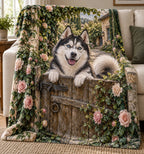 Siberian Husky Garden Gate Fleece Blanket with printed dimensional artwork