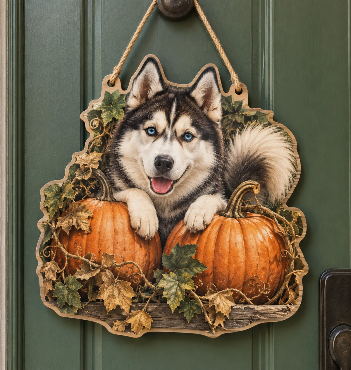 Siberian Husky Pumpkin Patch Custom Shape Door Hanger with printed dimensional artwork
