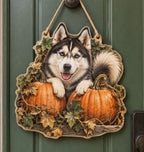 Siberian Husky Pumpkin Patch Custom Shape Door Hanger with printed dimensional artwork