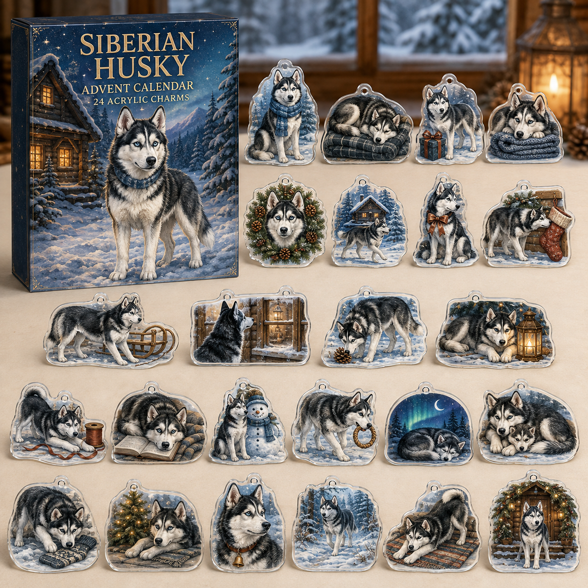 Siberian Husky advent calendar box and 24 illustrated acrylic charms displayed on an ivory tabletop in a winter setting