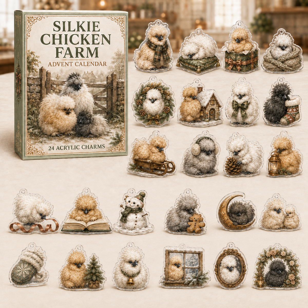 Silkie Chicken Farm advent calendar gift box with 24 illustrated acrylic charms arranged on a light tabletop