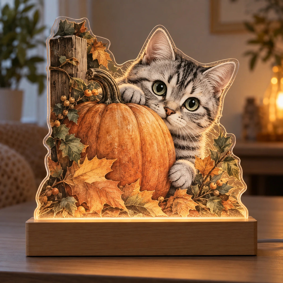 Silver Tabby Pumpkin Hideaway Acrylic Night Light with printed dimensional artwork