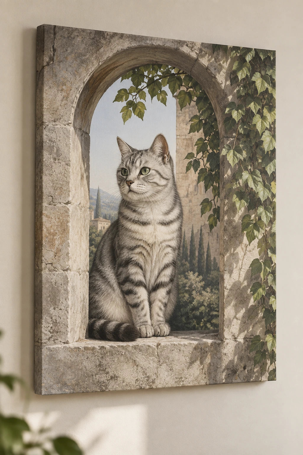 Silver Tabby Window Garden Canvas Wall Art with printed dimensional artwork