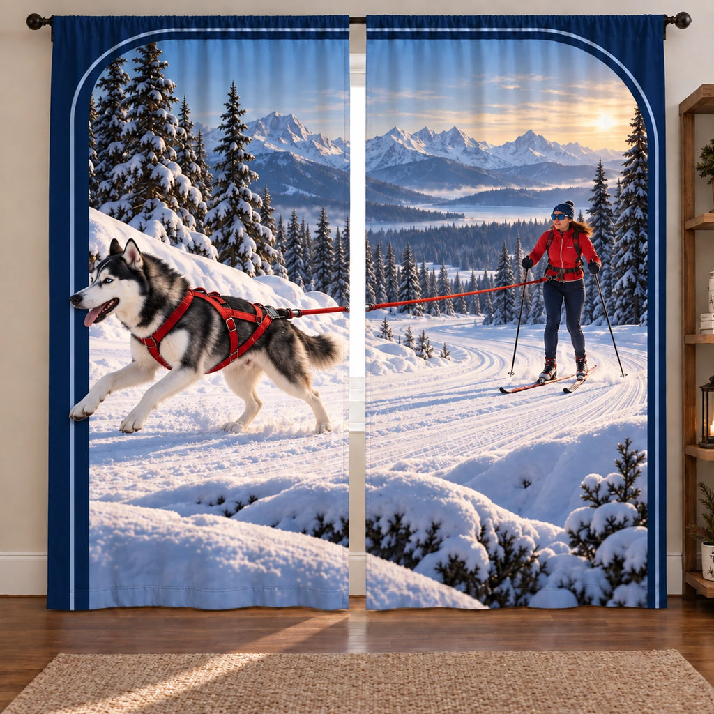 Skijoring Snow Trail Window Curtain Pair with original printed optical 3D artwork