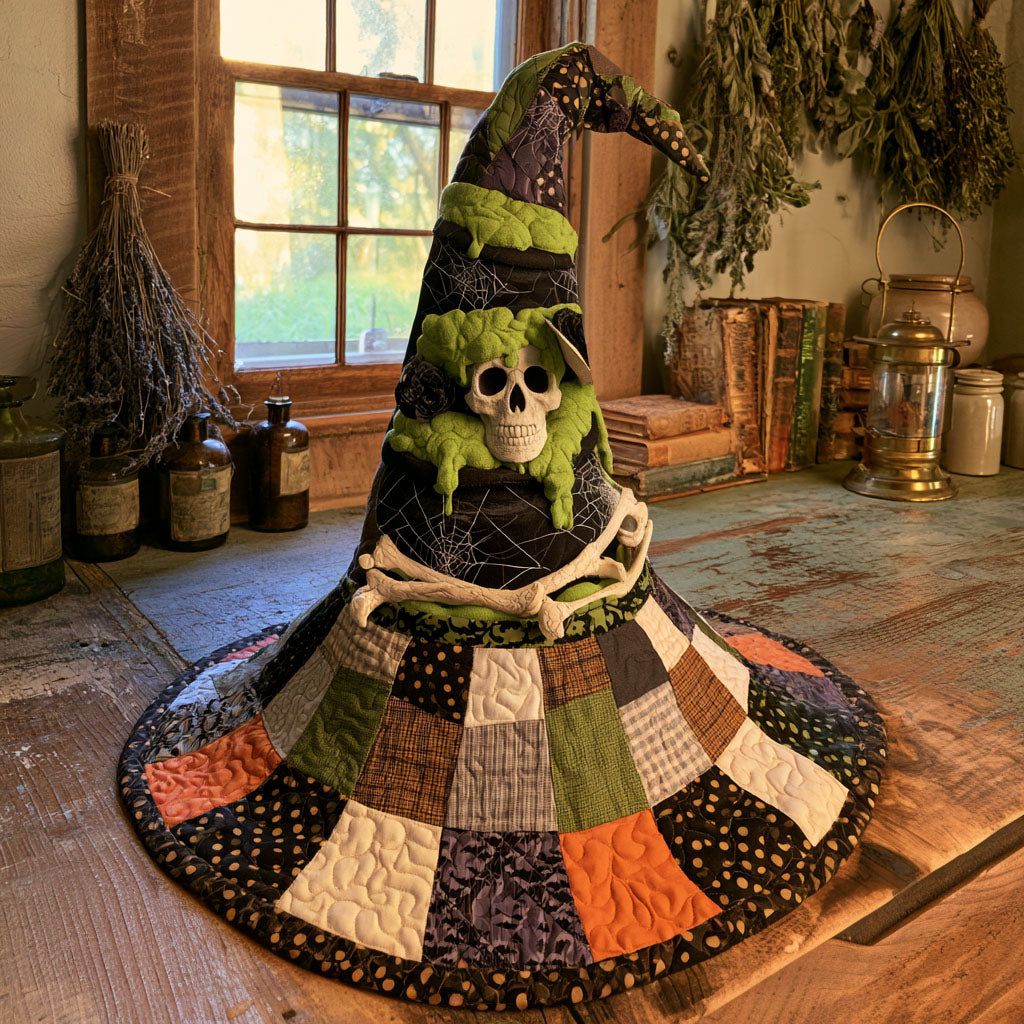 Skull Of Sorcery quilted witch hat, all-over print on cone and brim