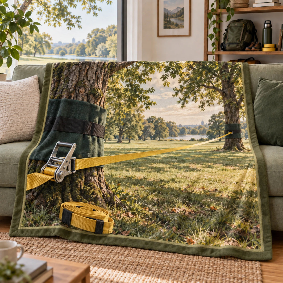 Slacklining Park Balance Fleece Throw Blanket with original printed optical 3D artwork