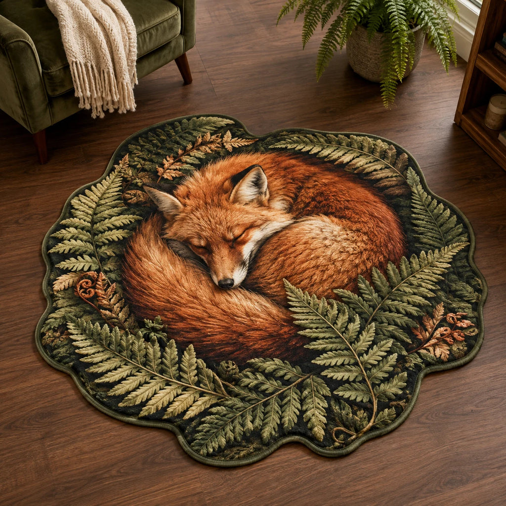 Sleeping Fox Fern Silhouette custom shape area rug with a dimensional printed design in a fox woodland setting