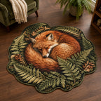 Sleeping Fox Fern Silhouette custom shape area rug with a dimensional printed design in a fox woodland setting