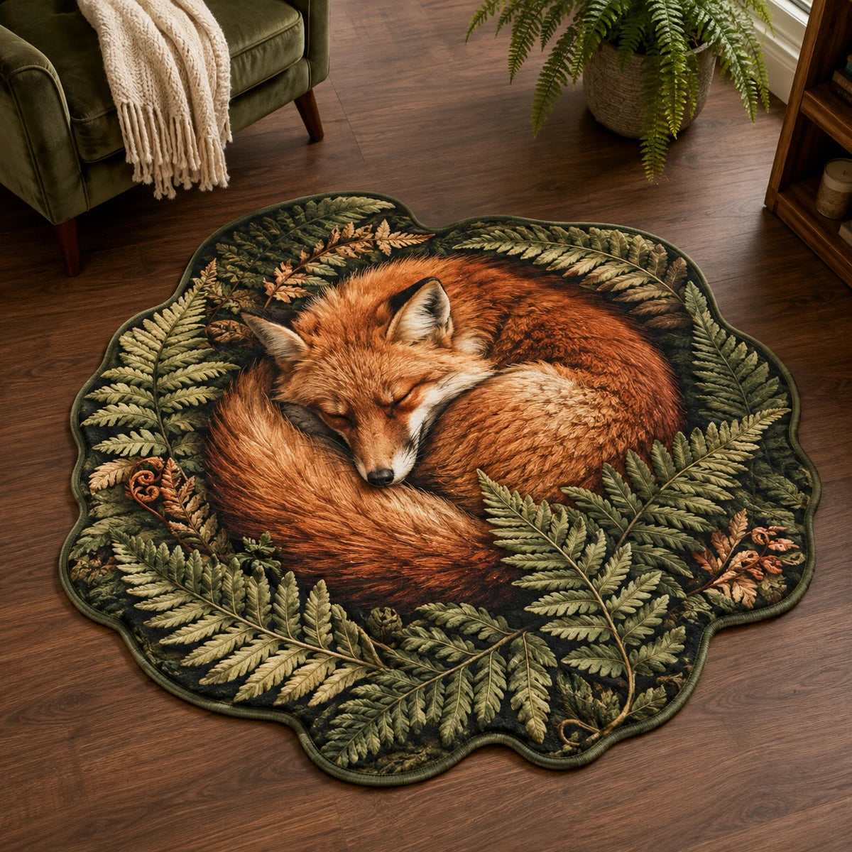 Sleeping Fox Fern Silhouette custom shape area rug with a dimensional printed design in a fox woodland setting
