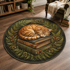 Sleeping Tabby Book Garden round mat rug with a dimensional printed design in a cat book lover setting