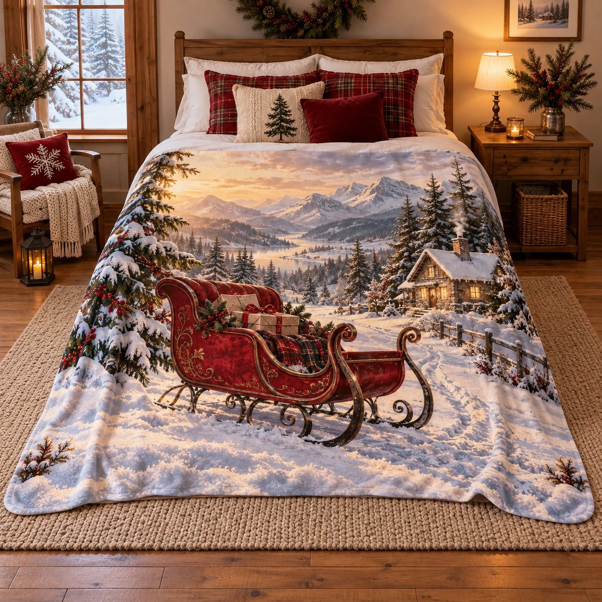 Red sleigh and snowy mountain valley, flat printed fleece throw blanket.
