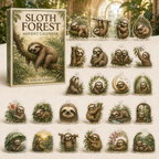 Sloth Cozy Forest advent calendar gift box with 24 illustrated acrylic charms arranged on a light tabletop