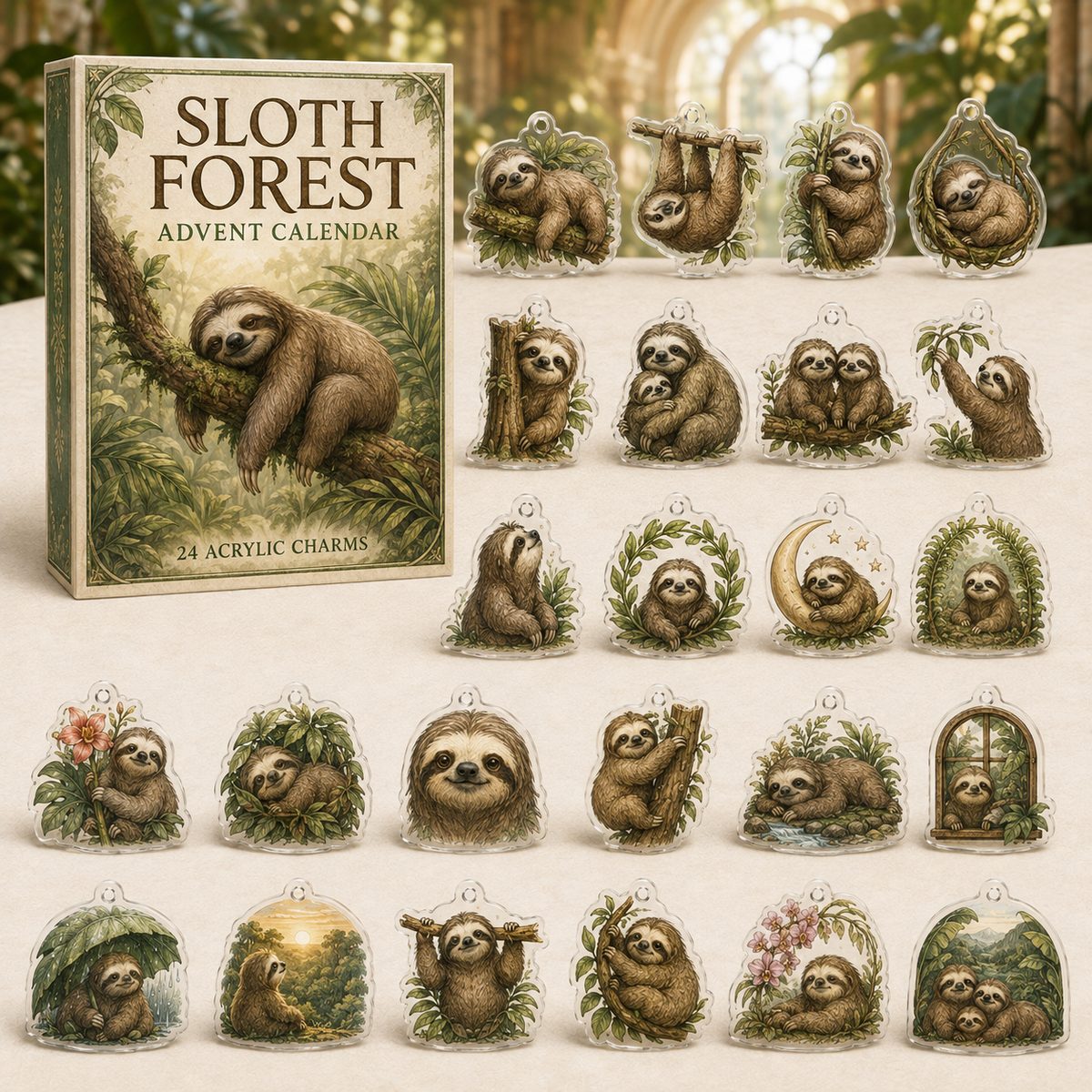 Sloth Cozy Forest advent calendar gift box with 24 illustrated acrylic charms arranged on a light tabletop