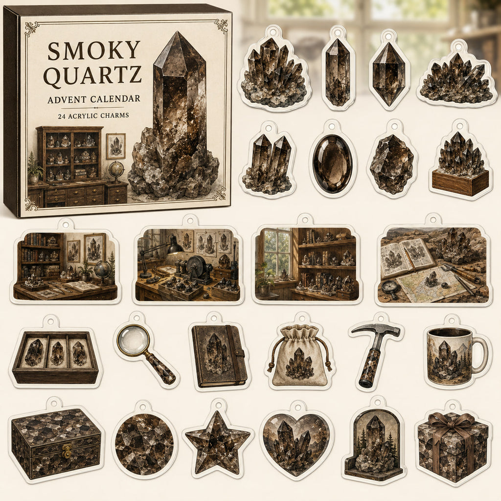 Smoky Quartz advent calendar box and 24 mineral-themed printed acrylic charms
