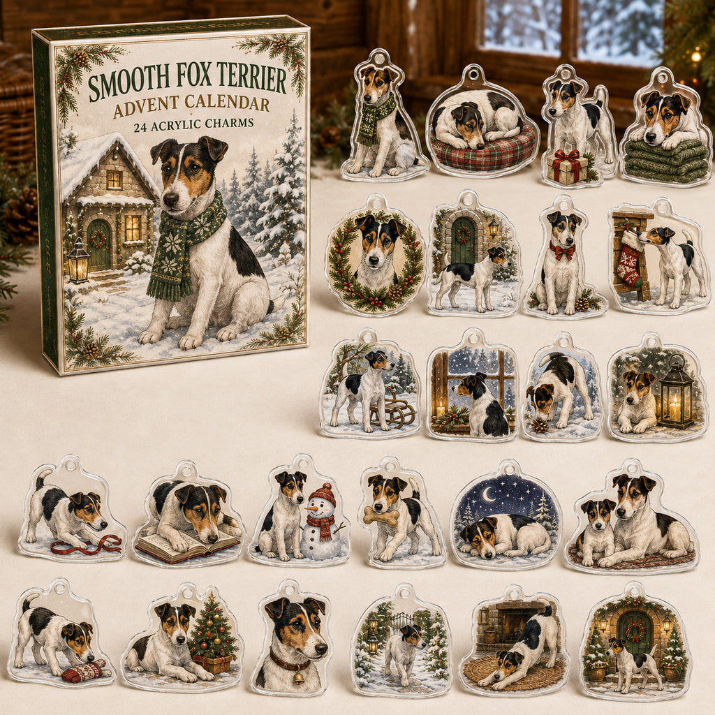 Smooth Fox Terrier advent calendar box and 24 illustrated acrylic charms displayed on an ivory tabletop in a winter setting