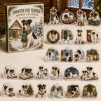 Smooth Fox Terrier advent calendar box and 24 illustrated acrylic charms displayed on an ivory tabletop in a winter setting