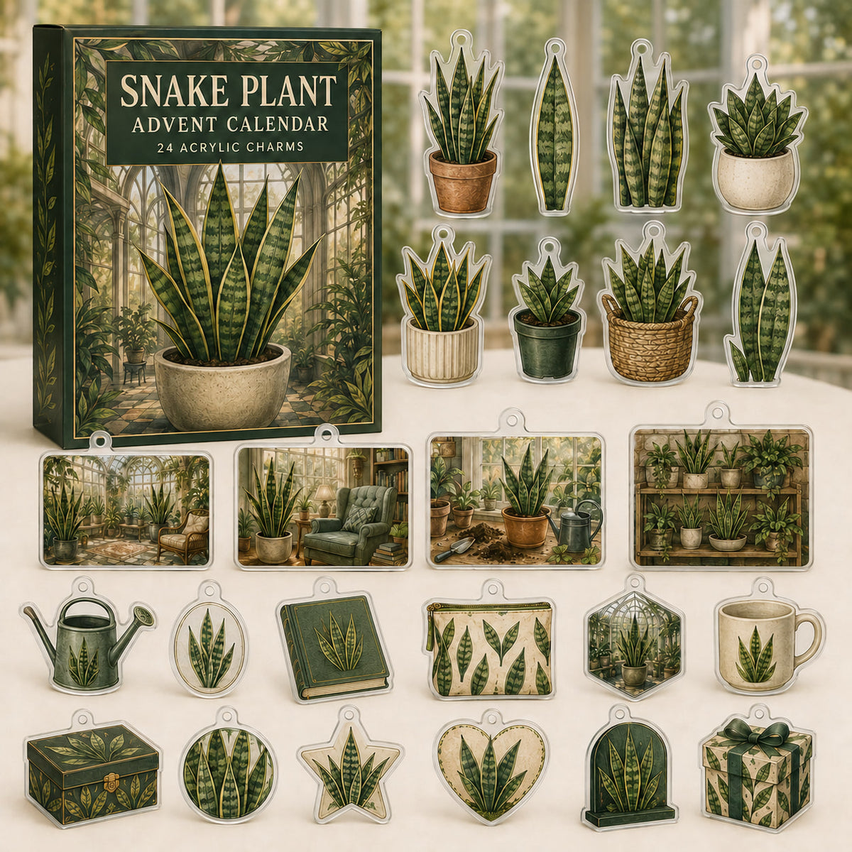 Snake Plant advent calendar box and24 botanical-themed printed acrylic charms