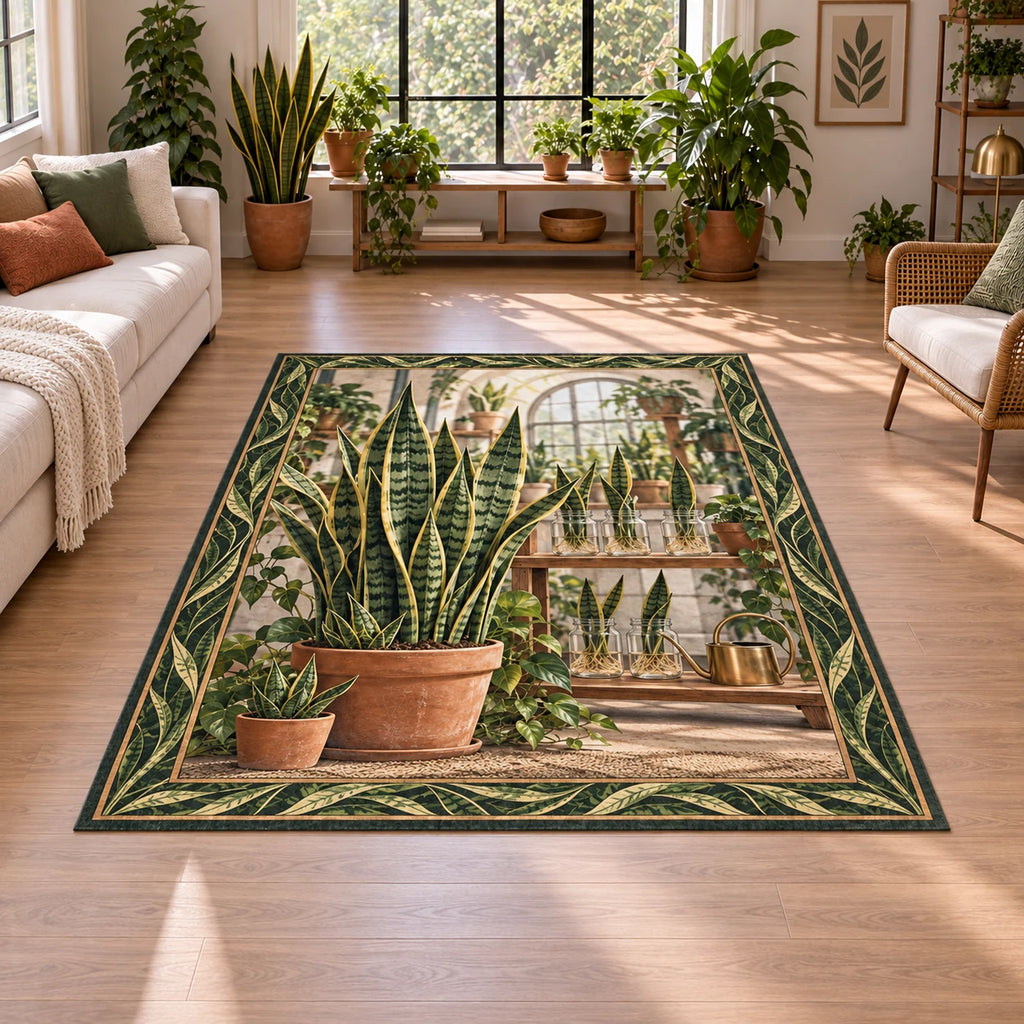 Snake plant area rug with green yellow-edged leaves, terracotta pots and rooted glass jars in a plant-filled room.