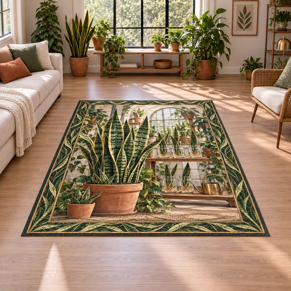 Snake plant area rug with green yellow-edged leaves, terracotta pots and rooted glass jars in a plant-filled room.